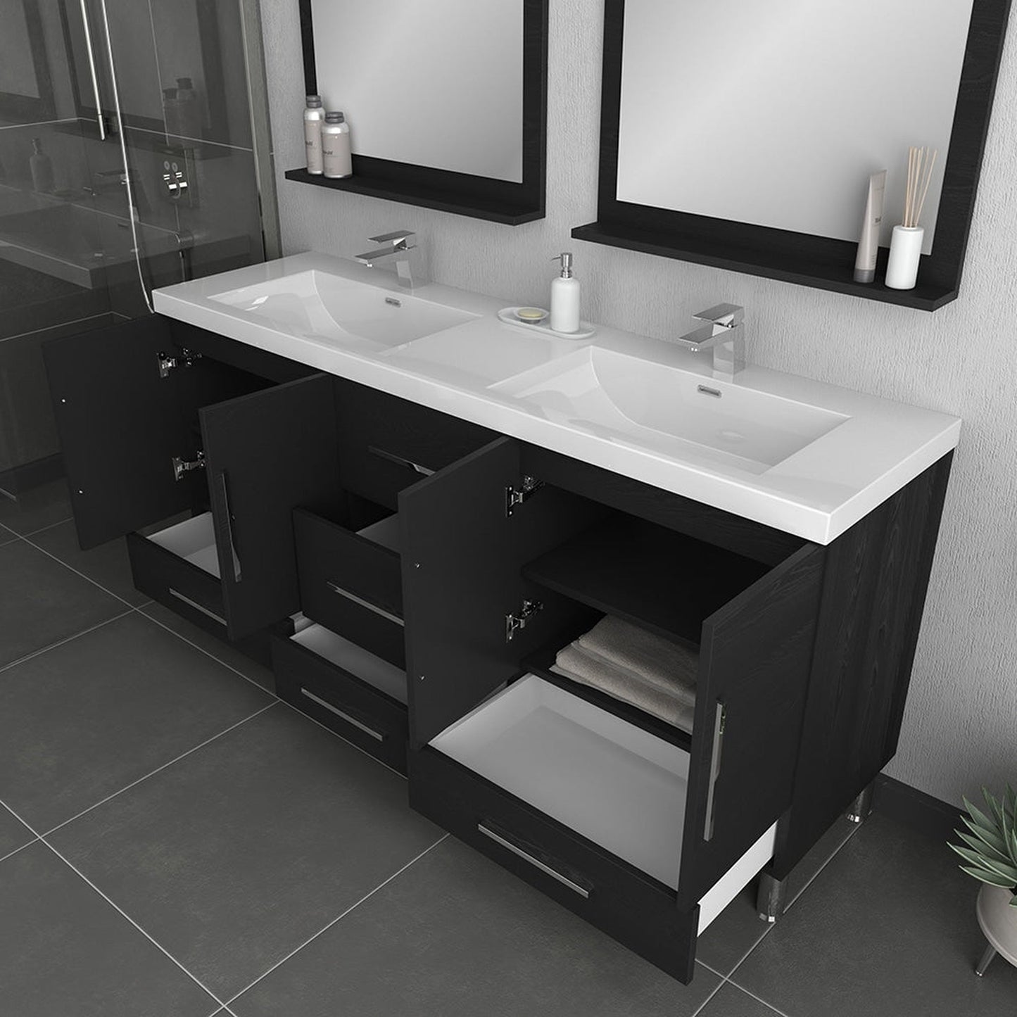 Alya Bath Ripley 67" Double Black Modern Freestanding Bathroom Vanity With Integrated Acrylic Top, Acrylic Sink and Wall Mounted Mirror - AT-8063-B+2x AT-30-M-B