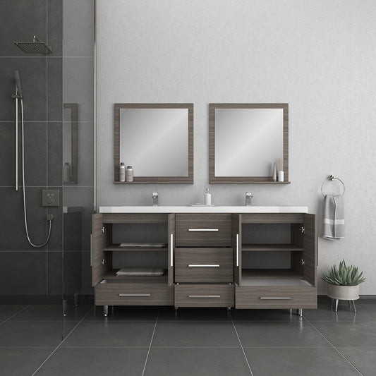 Alya Bath Ripley 67" Double Gray Modern Freestanding Bathroom Vanity With Integrated Acrylic Top, Acrylic Sink and Wall Mounted Mirror - AT-8063-G+2x AT-30-M-G