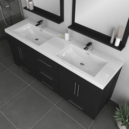 Alya Bath Ripley 72" Double Black Modern Freestanding Bathroom Vanity With Integrated Acrylic Top, Acrylic Sink and Wall Mounted Mirror - AT-8063-B-72+2x AT-30-M-B