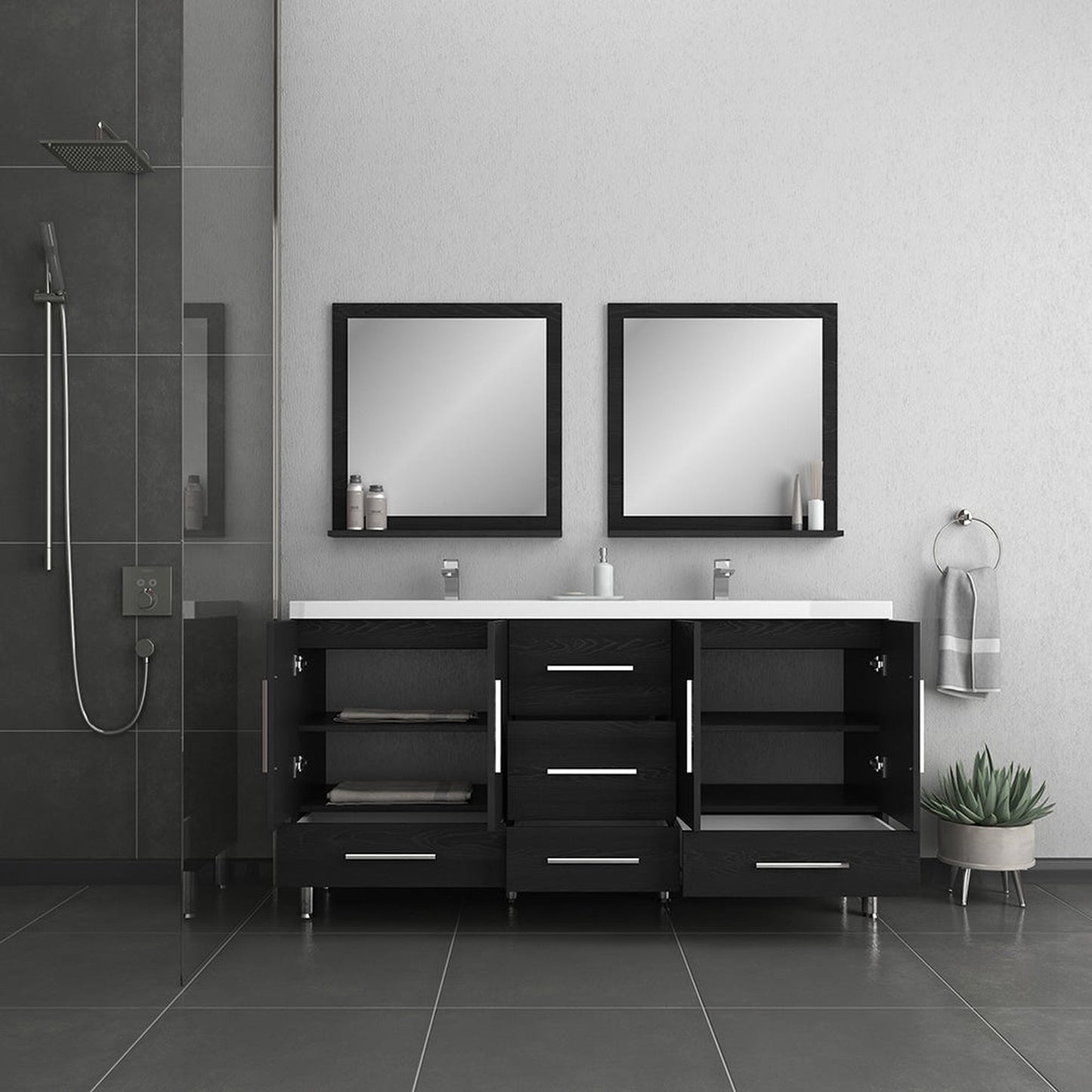 Alya Bath Ripley 72" Double Black Modern Freestanding Bathroom Vanity With Integrated Acrylic Top, Acrylic Sink and Wall Mounted Mirror - AT-8063-B-72+2x AT-30-M-B