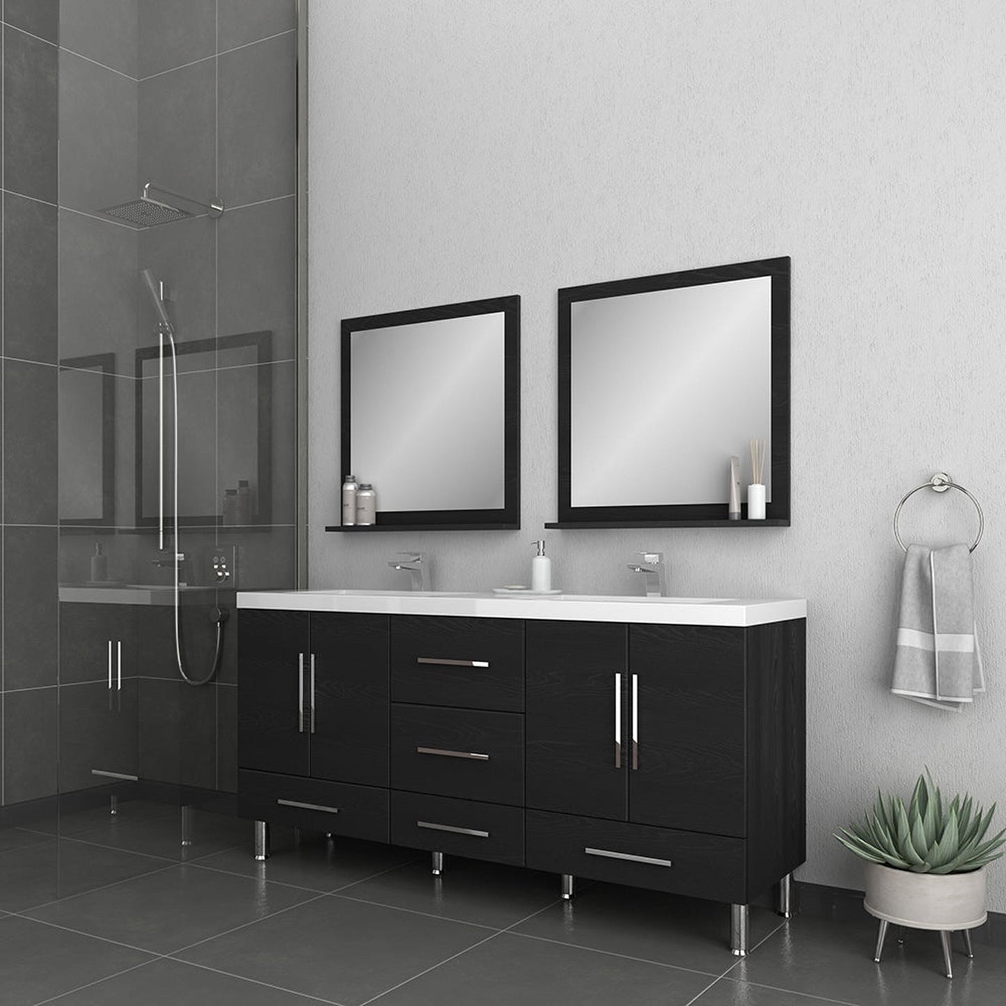 Alya Bath Ripley 72" Double Black Modern Freestanding Bathroom Vanity With Integrated Acrylic Top, Acrylic Sink and Wall Mounted Mirror - AT-8063-B-72+2x AT-30-M-B
