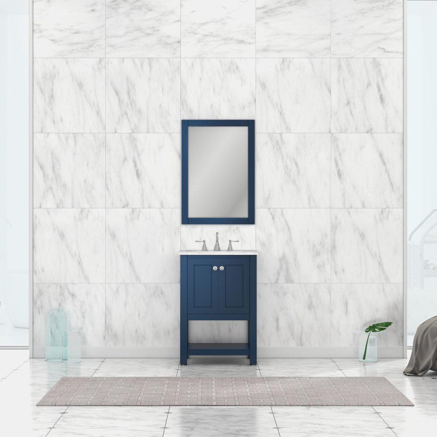 Alya Bath Wilmington 24" Single Blue Freestanding  Bathroom Vanity With Carrara Marble Top, Ceramic Sink and Wall Mounted Mirror - HE-102-24-B-CWMT+HE-101/102-24-B-M
