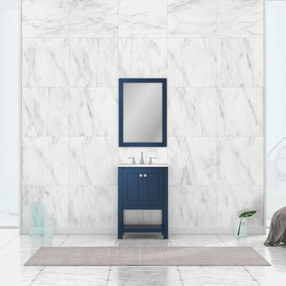 Alya Bath Wilmington 24" Single Blue Freestanding  Bathroom Vanity With Carrara Marble Top, Ceramic Sink and Wall Mounted Mirror - HE-102-24-B-CWMT+HE-101/102-24-B-M