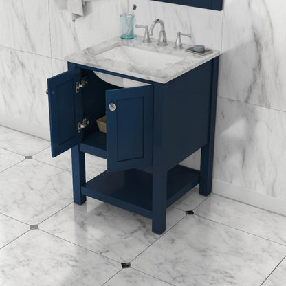 Alya Bath Wilmington 24" Single Blue Freestanding  Bathroom Vanity With Carrara Marble Top, Ceramic Sink and Wall Mounted Mirror - HE-102-24-B-CWMT+HE-101/102-24-B-M