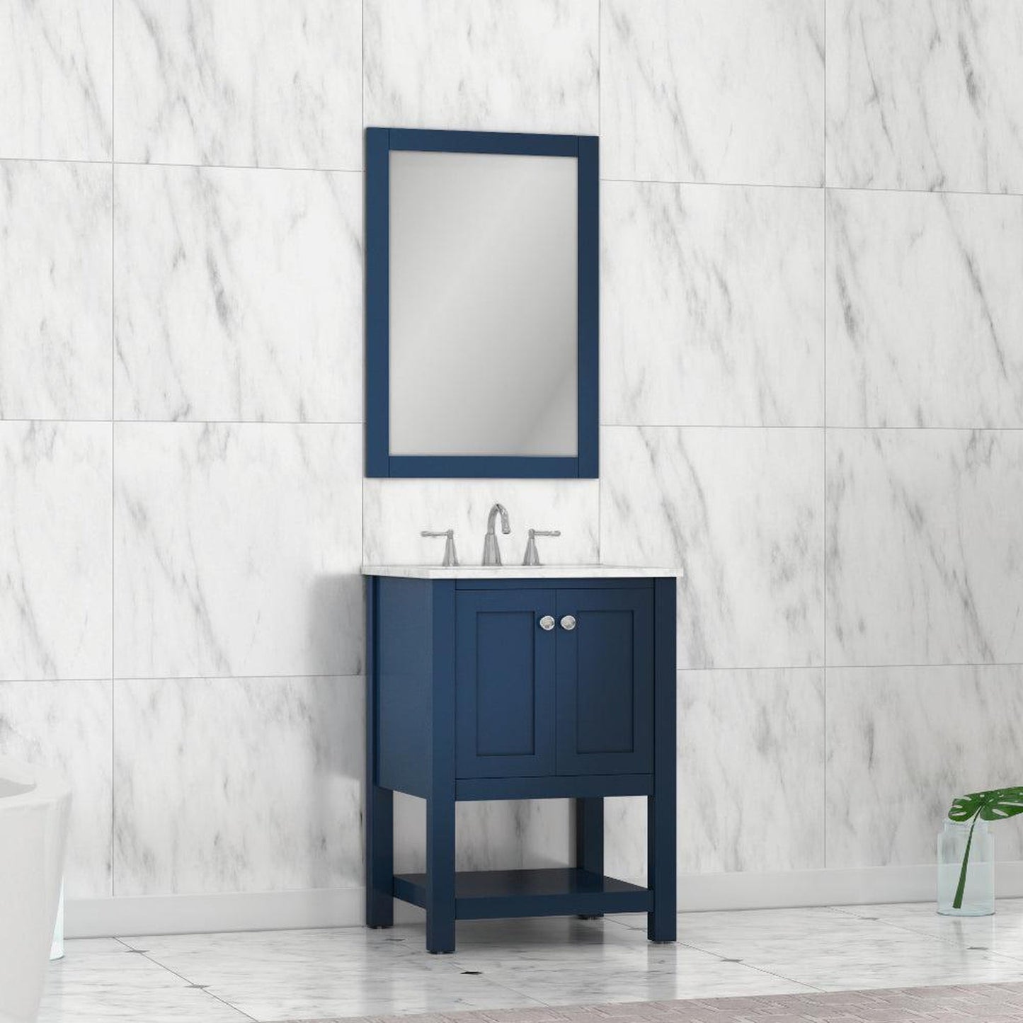 Alya Bath Wilmington 24" Single Blue Freestanding  Bathroom Vanity With Carrara Marble Top, Ceramic Sink and Wall Mounted Mirror - HE-102-24-B-CWMT+HE-101/102-24-B-M