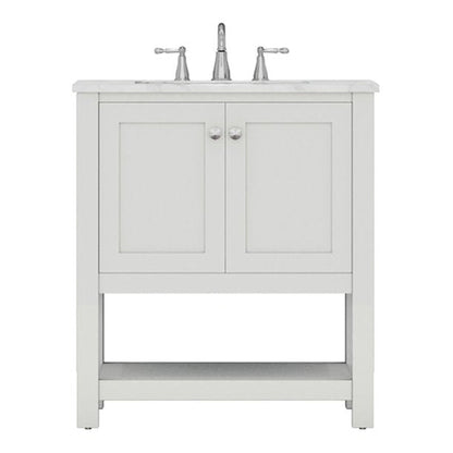 Alya Bath Wilmington 30" Single White Freestanding  Bathroom Vanity With Carrara Marble Top, Ceramic Sink and Wall Mounted Mirror - HE-102-30-W-CWMT+HE-101/102-30-W-M