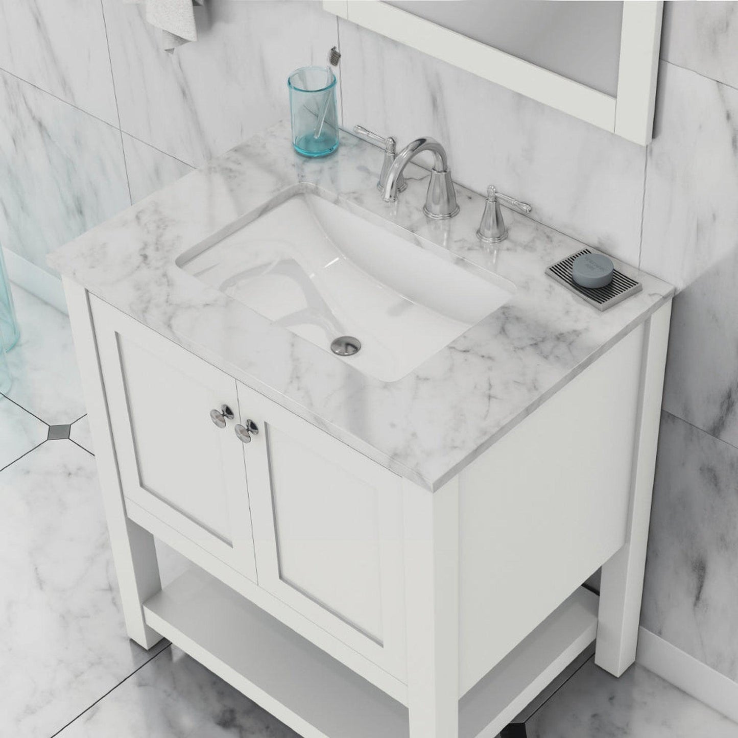 Alya Bath Wilmington 30" Single White Freestanding  Bathroom Vanity With Carrara Marble Top, Ceramic Sink and Wall Mounted Mirror - HE-102-30-W-CWMT+HE-101/102-30-W-M