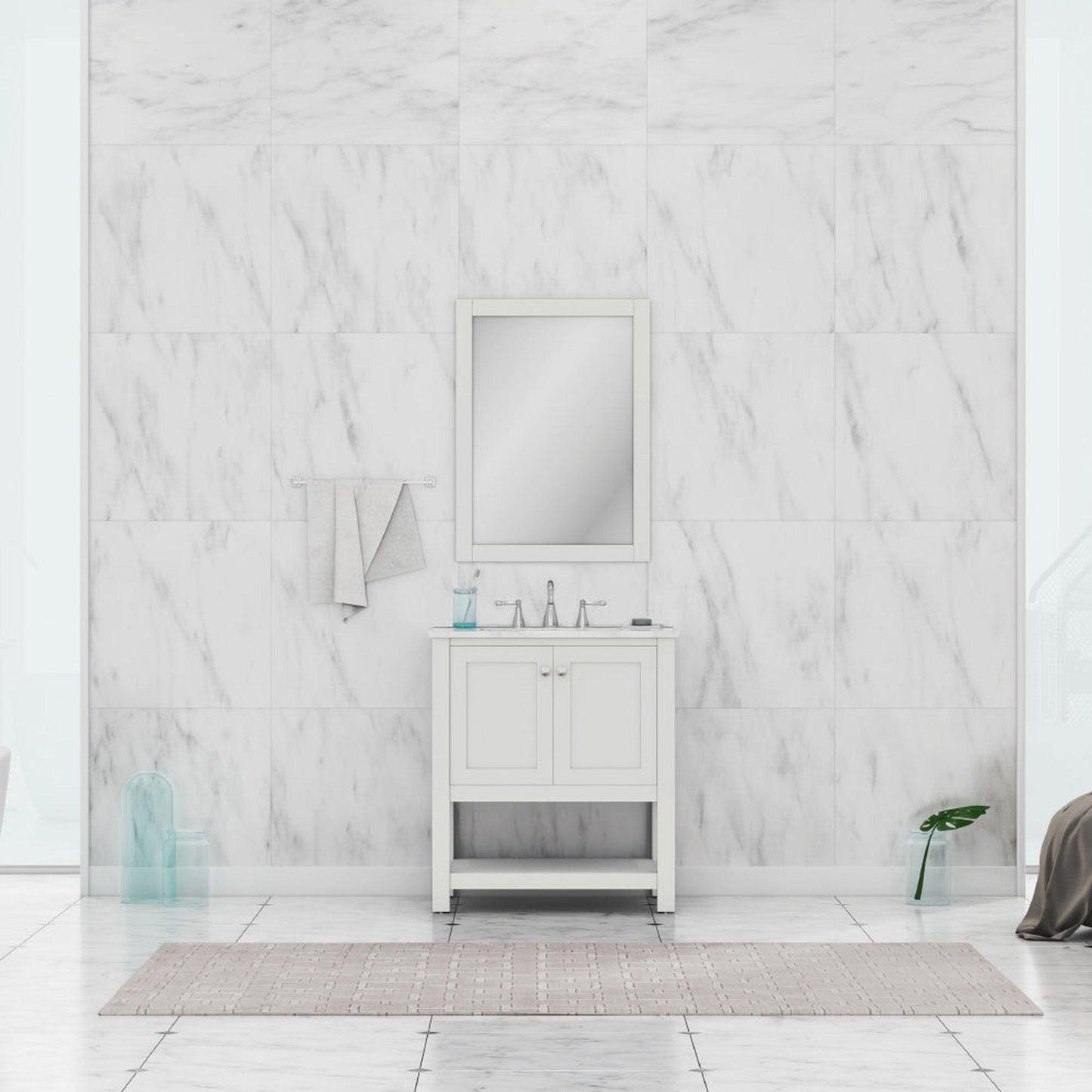 Alya Bath Wilmington 30" Single White Freestanding  Bathroom Vanity With Carrara Marble Top, Ceramic Sink and Wall Mounted Mirror - HE-102-30-W-CWMT+HE-101/102-30-W-M
