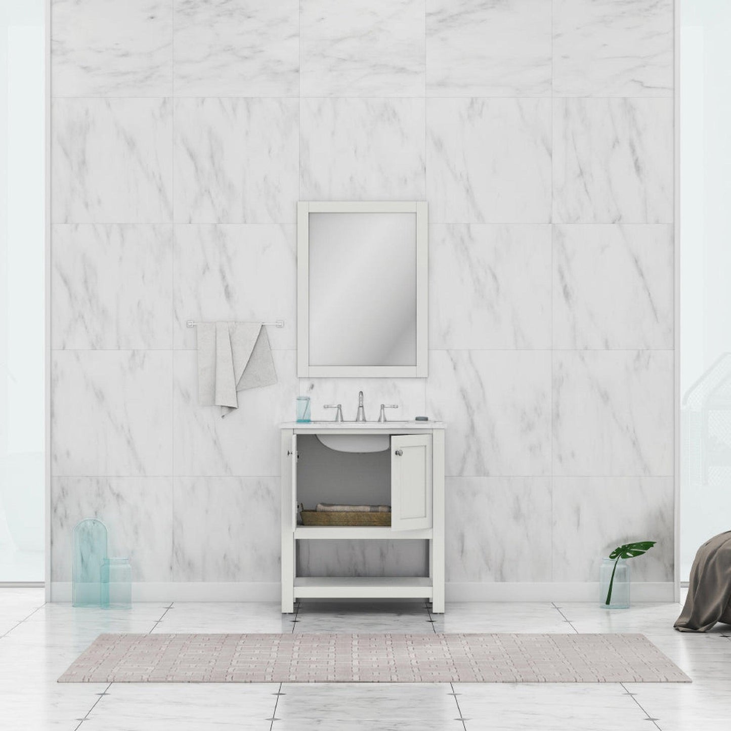 Alya Bath Wilmington 30" Single White Freestanding  Bathroom Vanity With Carrara Marble Top, Ceramic Sink and Wall Mounted Mirror - HE-102-30-W-CWMT+HE-101/102-30-W-M
