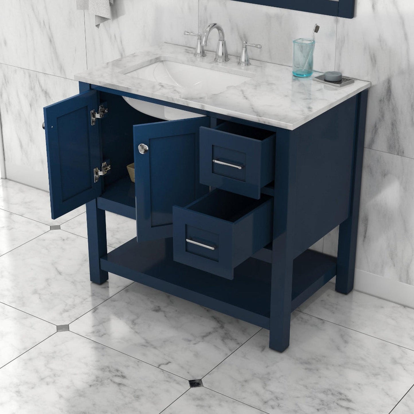 Alya Bath Wilmington 36" Single Blue Freestanding  Bathroom Vanity With Carrara Marble Top, Ceramic Sink and Wall Mounted Mirror - HE-102-36-B-CWMT+HE-101/102-36-B-M