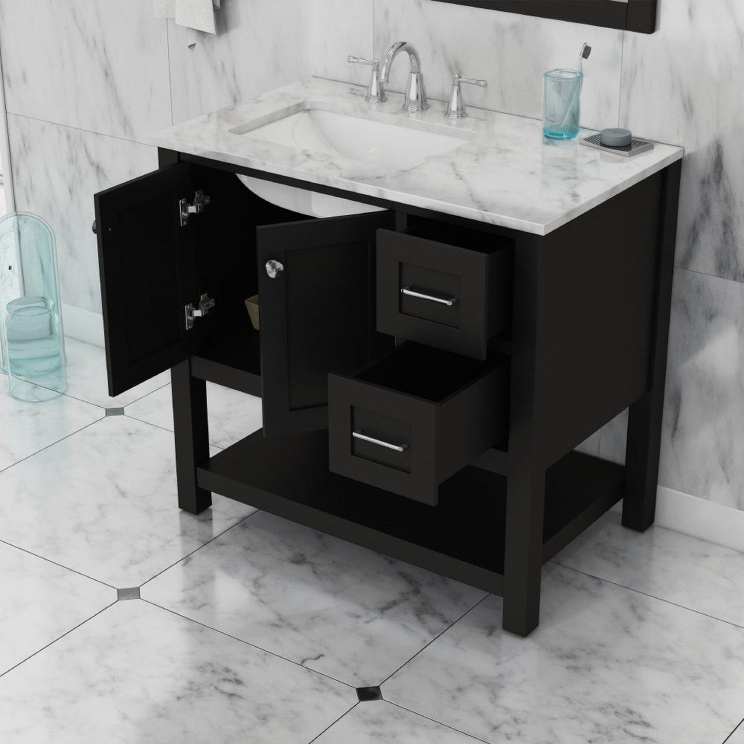 Alya Bath Wilmington 36" Single Espresso Freestanding  Bathroom Vanity With Carrara Marble Top, Ceramic Sink and Wall Mounted Mirror - HE-102-36-E-CWMT+HE-101/102-36-E-M