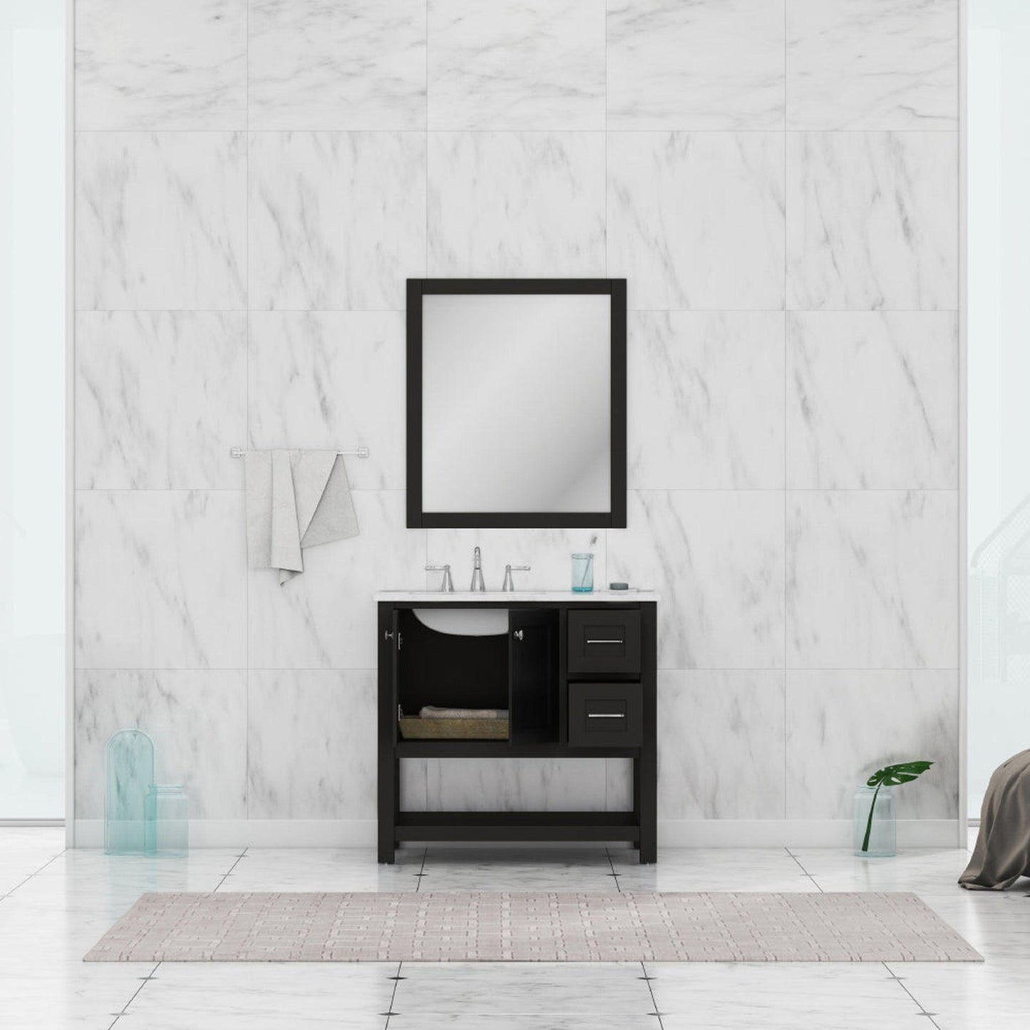 Alya Bath Wilmington 36" Single Espresso Freestanding  Bathroom Vanity With Carrara Marble Top, Ceramic Sink and Wall Mounted Mirror - HE-102-36-E-CWMT+HE-101/102-36-E-M
