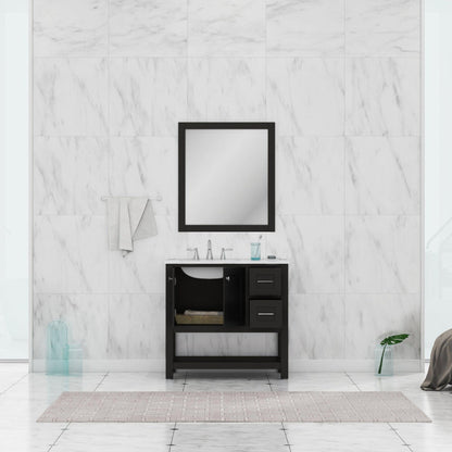 Alya Bath Wilmington 36" Single Espresso Freestanding  Bathroom Vanity With Carrara Marble Top, Ceramic Sink and Wall Mounted Mirror - HE-102-36-E-CWMT+HE-101/102-36-E-M
