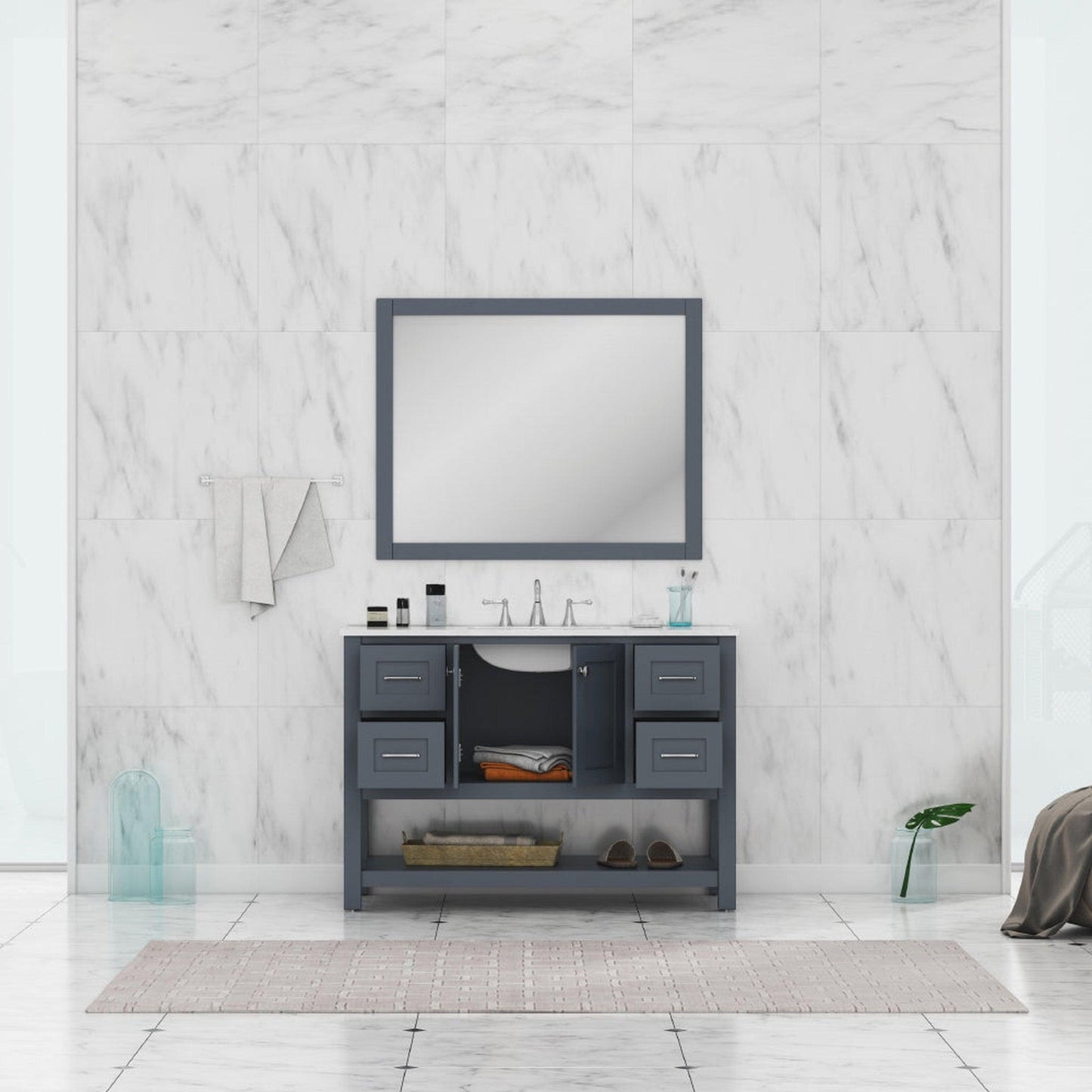 Alya Bath Wilmington 48" Single Gray Freestanding  Bathroom Vanity With Carrara Marble Top, Ceramic Sink and Wall Mounted Mirror - HE-102-48-G-CWMT+HE-101/102-42-G-M