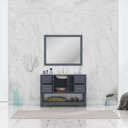 Alya Bath Wilmington 48" Single Gray Freestanding  Bathroom Vanity With Carrara Marble Top, Ceramic Sink and Wall Mounted Mirror - HE-102-48-G-CWMT+HE-101/102-42-G-M