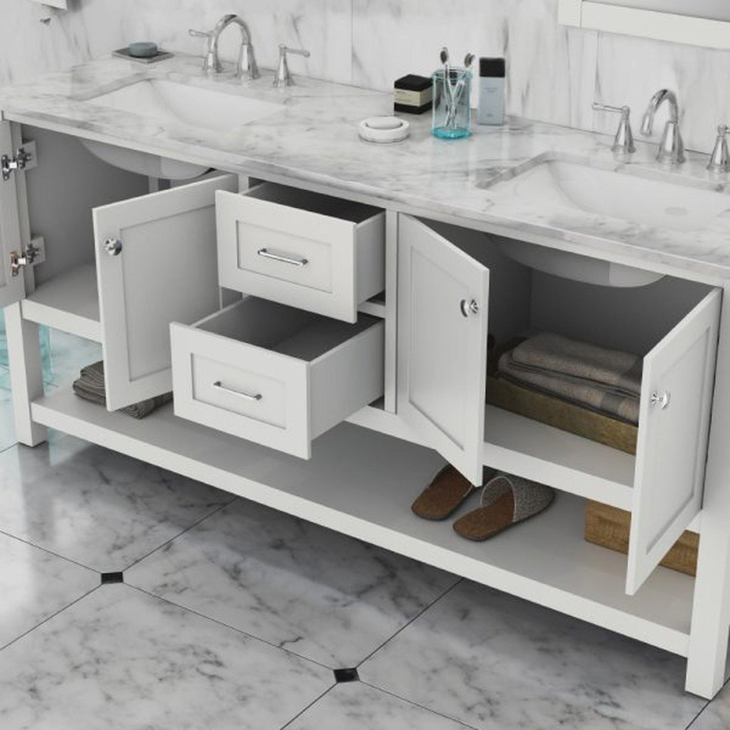 Alya Bath Wilmington 72" Double White Freestanding  Bathroom Vanity With Carrara Marble Top, Ceramic Sink and Wall Mounted Mirror - HE-102-72D-W-CWMT+2x HE-101/102-30-W-M