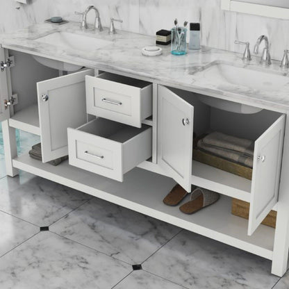 Alya Bath Wilmington 72" Double White Freestanding  Bathroom Vanity With Carrara Marble Top, Ceramic Sink and Wall Mounted Mirror - HE-102-72D-W-CWMT+2x HE-101/102-30-W-M