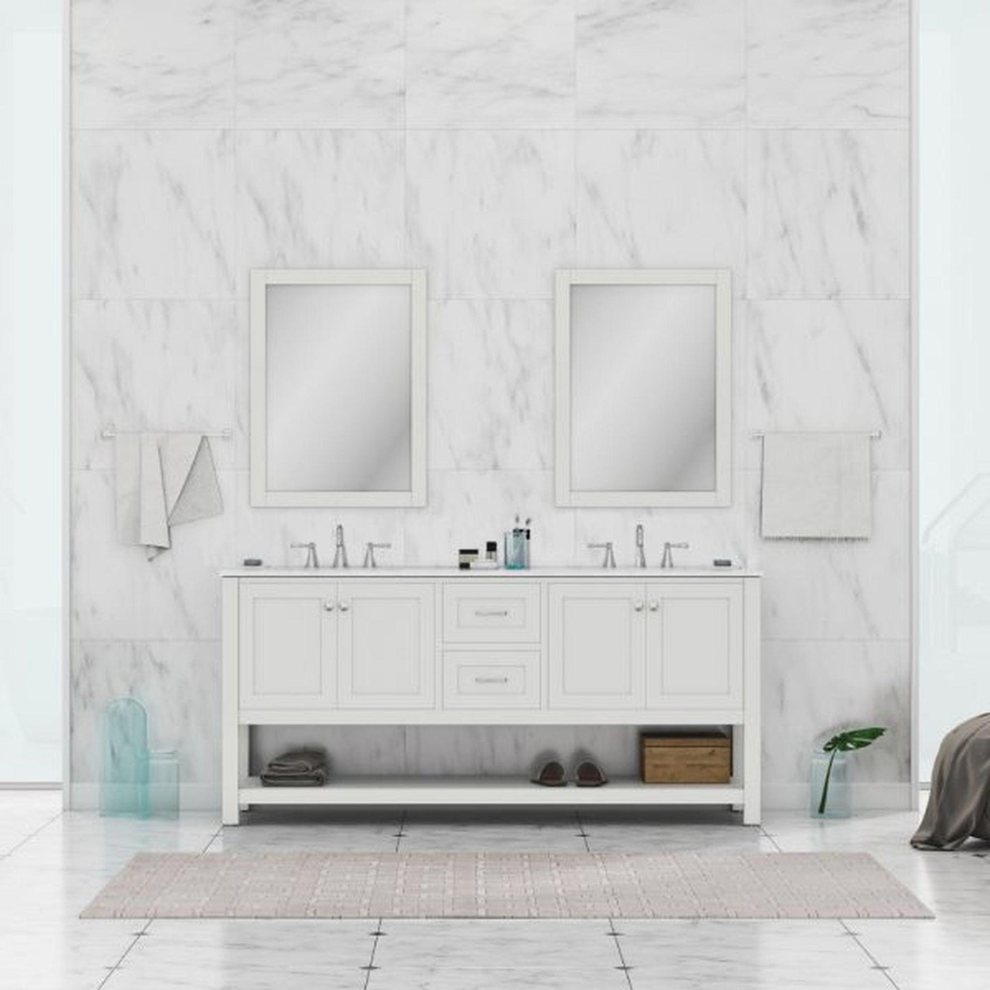 Alya Bath Wilmington 72" Double White Freestanding  Bathroom Vanity With Carrara Marble Top, Ceramic Sink and Wall Mounted Mirror - HE-102-72D-W-CWMT+2x HE-101/102-30-W-M