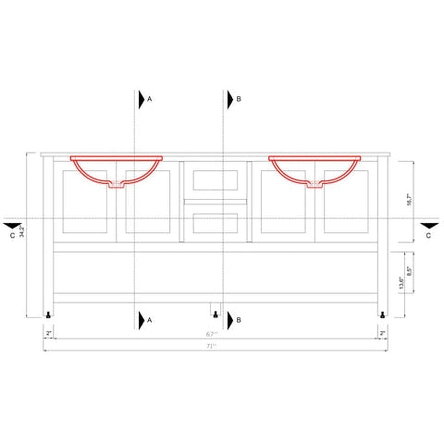 Alya Bath Wilmington 72" Double White Freestanding  Bathroom Vanity With Carrara Marble Top, Ceramic Sink and Wall Mounted Mirror - HE-102-72D-W-CWMT+2x HE-101/102-30-W-M