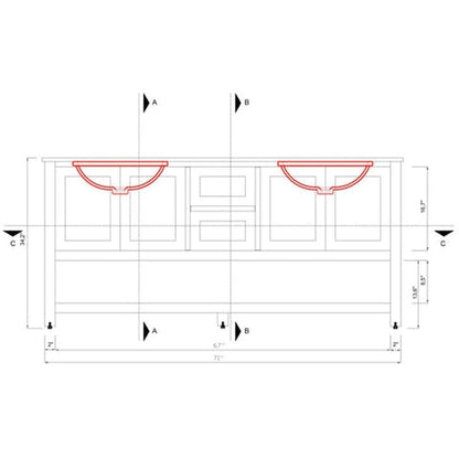 Alya Bath Wilmington 72" Double White Freestanding  Bathroom Vanity With Carrara Marble Top, Ceramic Sink and Wall Mounted Mirror - HE-102-72D-W-CWMT+2x HE-101/102-30-W-M
