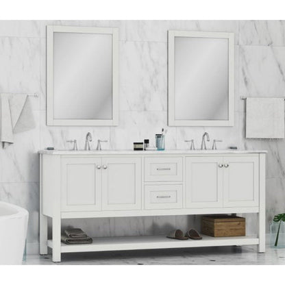 Alya Bath Wilmington 72" Double White Freestanding  Bathroom Vanity With Carrara Marble Top, Ceramic Sink and Wall Mounted Mirror - HE-102-72D-W-CWMT+2x HE-101/102-30-W-M