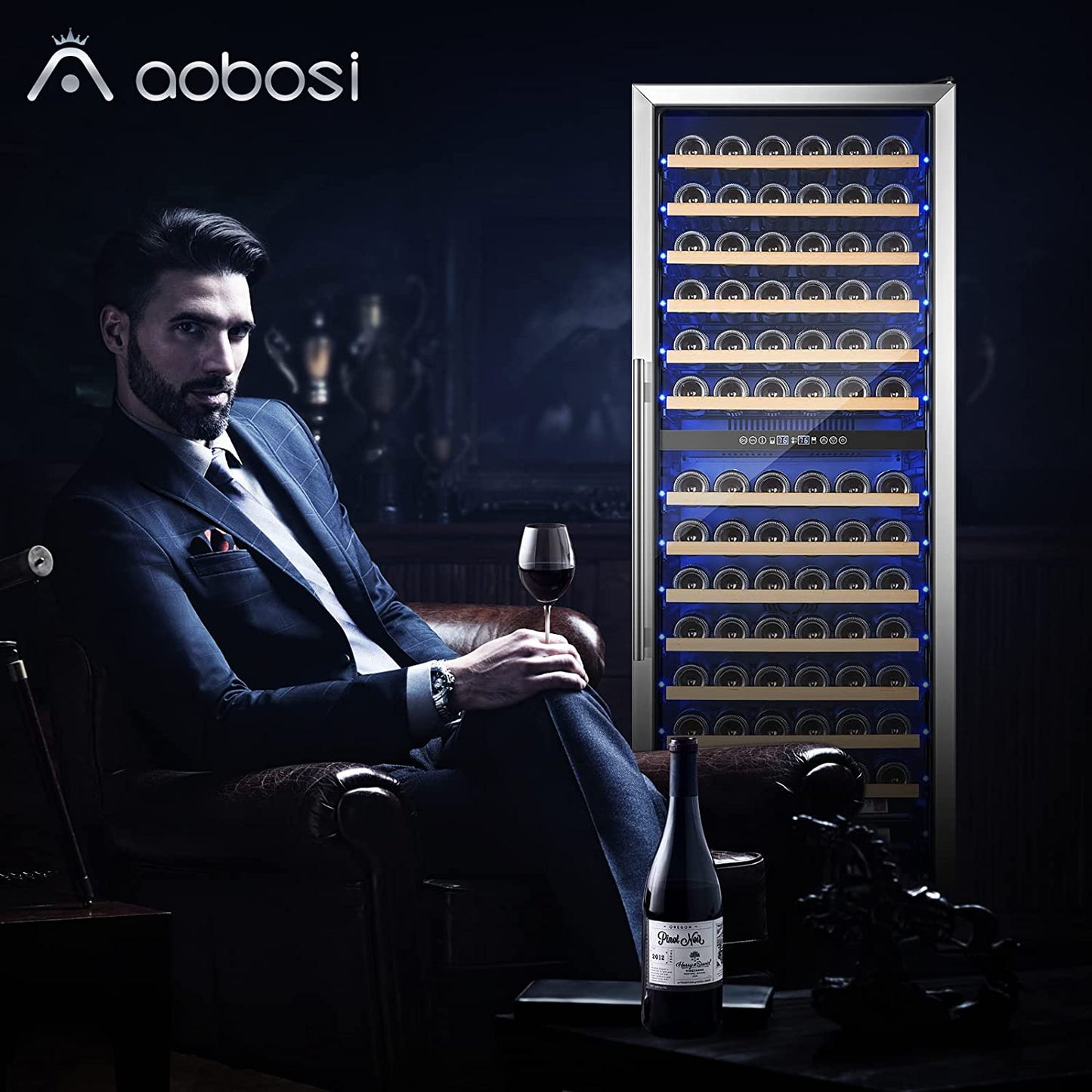 AAOBOSI 24" Free Standing 154 Bottles Wine Cooler in Stainless Steel with Wood Shelves  - YC-408B