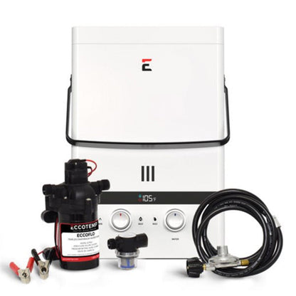 Eccotemp Luxé 3.0 GPM Portable Liquid Propane Outdoor Tankless Water Heater with EccoFlo Diaphragm 12V Pump and Strainer - EL10-PS