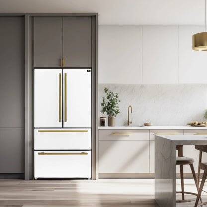 Forno Espresso Moena 36-inch 19.2 Cu.ft French Door Refrigerator in White with Antique Brass Handle  - FFRBI1820-36WHT
