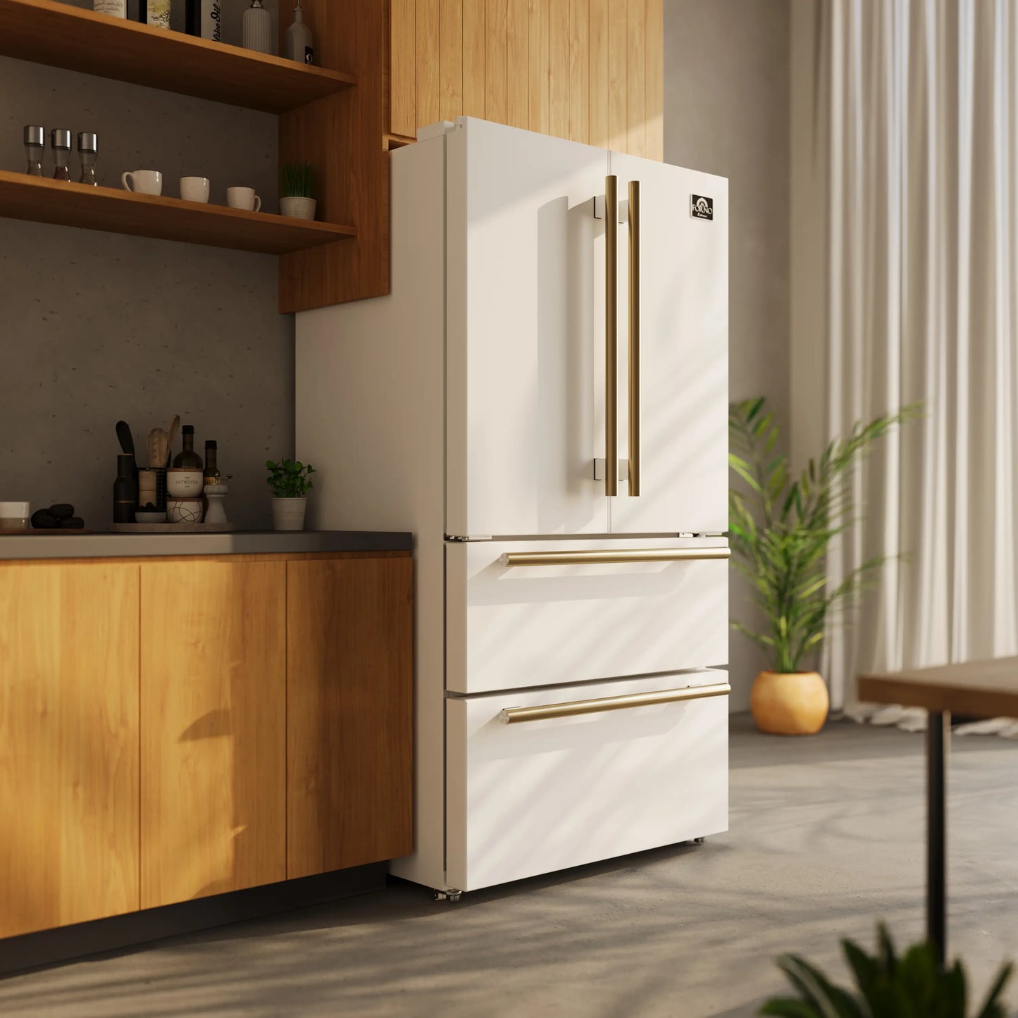 Forno Espresso Moena 36-inch 19.2 Cu.ft French Door Refrigerator in White with Antique Brass Handle  - FFRBI1820-36WHT