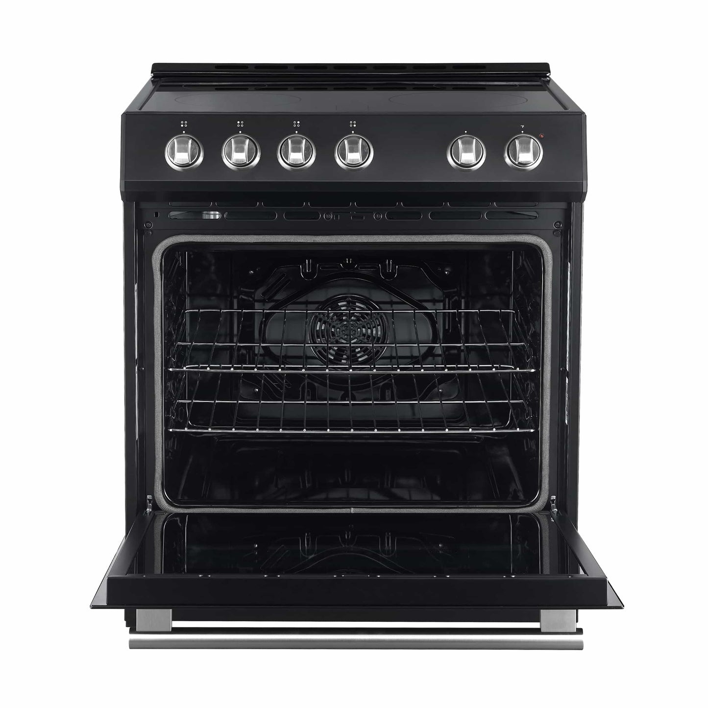 Forno 5-Piece Appliance Package - 30-Inch Electric Range, Under Cabinet Range Hood, Refrigerator with Water Dispenser, Dishwasher, and  Microwave Drawer in Black with Stainless Steel Trim - APW5-6012-30BLK