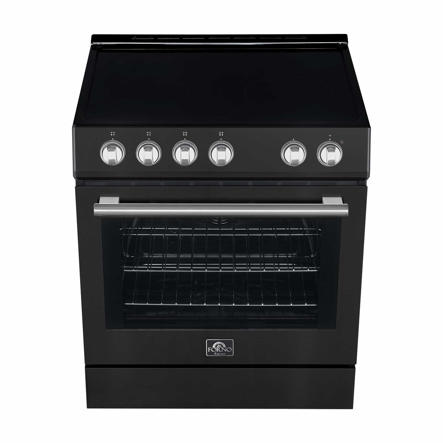 Forno 5-Piece Appliance Package - 30-Inch Electric Range, Under Cabinet Range Hood, Refrigerator with Water Dispenser, Dishwasher, and  Microwave Drawer in Black with Antique Brass Trim - APW5-6012-30BLK
