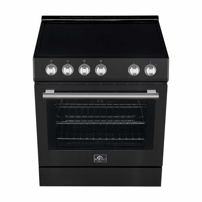 Forno 5-Piece Appliance Package - 30-Inch Electric Range, Under Cabinet Range Hood, Refrigerator with Water Dispenser, Dishwasher, and  Microwave Drawer in Black with Stainless Steel Trim - APW5-6012-30BLK