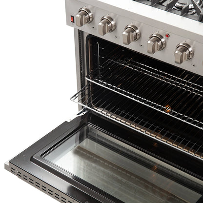 Forno 5-Piece Appliance Package - 36-Inch Gas Range, Wall Mount Range Hood, 36-Inch Refrigerator, Dishwasher, and 30-Inch Microwave Drawer in Stainless Steel - AP5-6244-36-5095-30MD