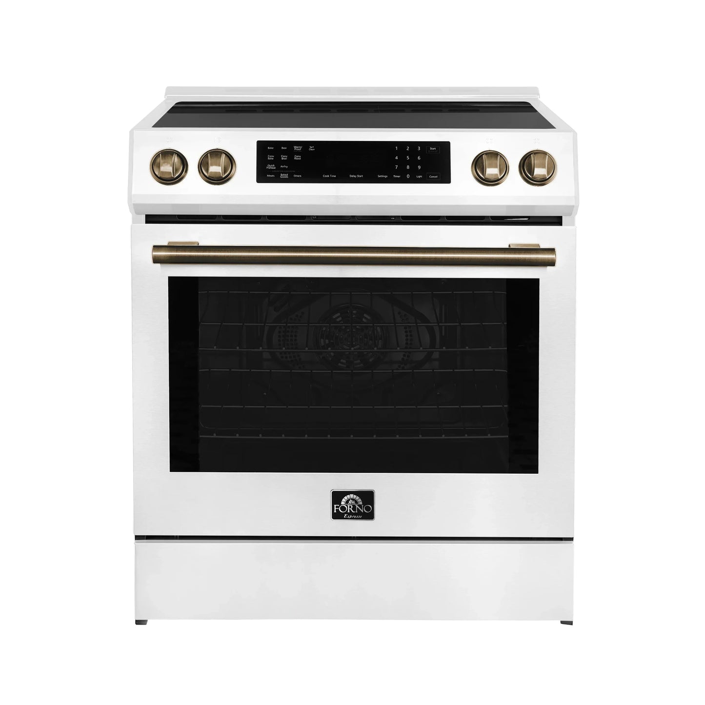 Forno 5-Piece Appliance Package - 30-Inch Induction Range, Under Cabinet Range Hood, Refrigerator with Water Dispenser, Dishwasher, and  Microwave Drawer in White with Antique Brass Trim - APW5-905-30WHT