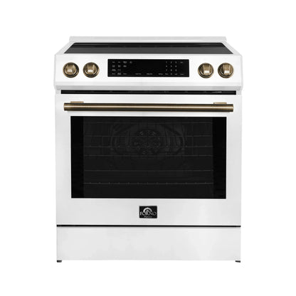 Forno 5-Piece Appliance Package - 30-Inch Induction Range, Under Cabinet Range Hood, Refrigerator, Dishwasher, and  Microwave Drawer in White with Antique Brass Trim - APR5-905-30WHT