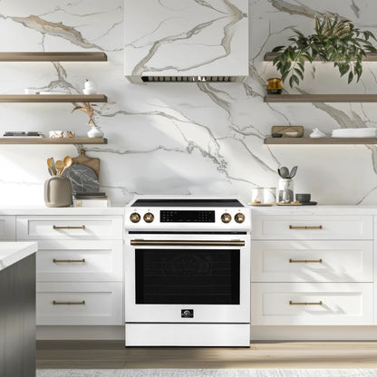 Forno 5-Piece Appliance Package - 30-Inch Induction Range, Under Cabinet Range Hood, Refrigerator with Water Dispenser, Dishwasher, and  Microwave Drawer in White with Antique Brass Trim - APW5-905-30WHT