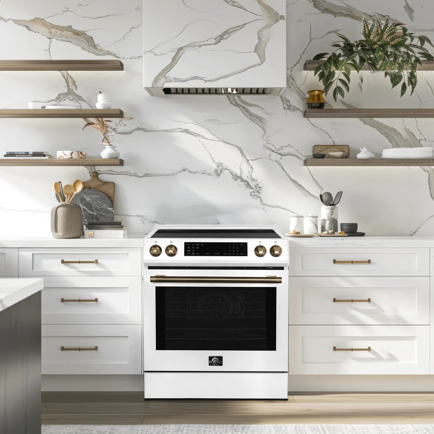 Forno 5-Piece Appliance Package - 30-Inch Induction Range, Under Cabinet Range Hood, Refrigerator, Dishwasher, and 30-Inch Microwave Oven in White with Antique Brass Trim - APR5-905-30WHT-MWO30