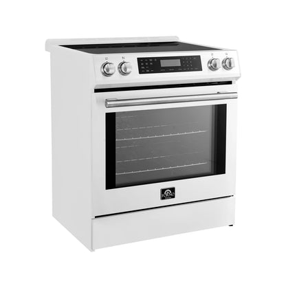 Forno 5-Piece Appliance Package - 30-Inch Induction Range, Under Cabinet Range Hood, Refrigerator with Water Dispenser, Dishwasher, and 30-Inch Microwave Drawer in White with Antique Brass Trim - APW5-905-30WHT-MWD30