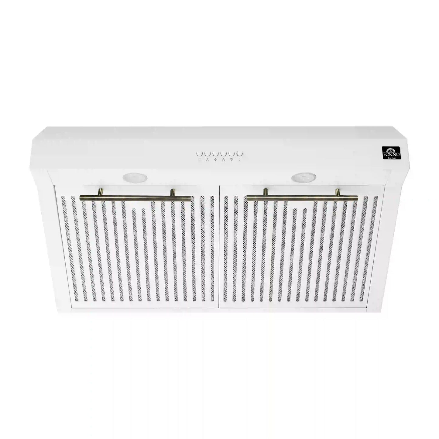 Forno 5-Piece Appliance Package - 30-Inch Induction Range, Under Cabinet Range Hood, Refrigerator with Water Dispenser, Dishwasher, and 30-Inch Microwave Oven in White with Antique Brass Trim - APW5-905-30WHT-MWO30