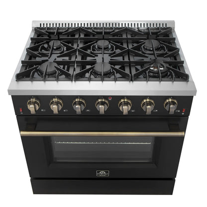 Forno 5-Piece Appliance Package - 36-Inch Gas Range, Wall Mount Range Hood, 60-Inch Convertible Refrigerator with Modern Trim, Dishwasher, and 30-Inch Microwave Drawer in Black with Antique Brass Handle - AP5-6244-36BLK-MWD30-60MG
