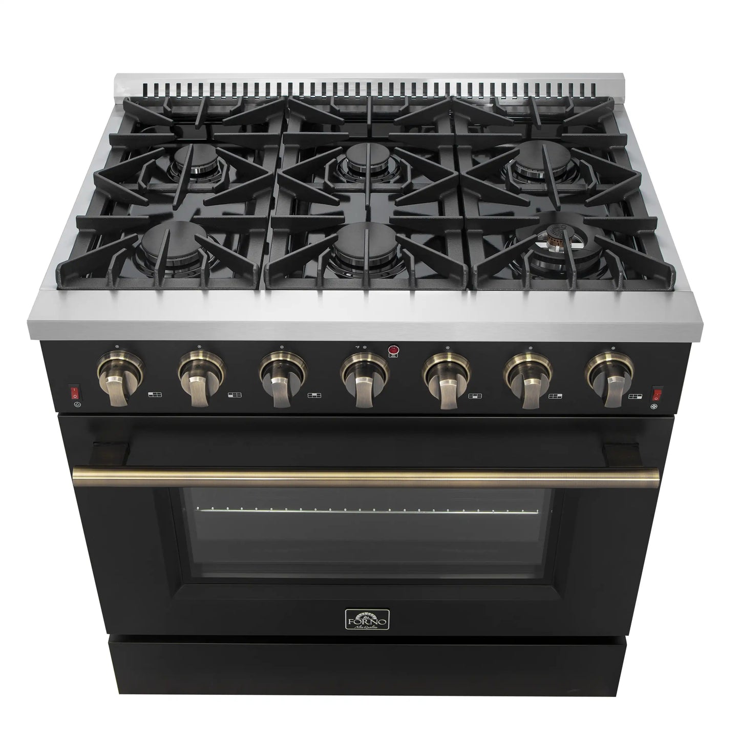 Forno 5-Piece Appliance Package - 36-Inch Gas Range, Wall Mount Range Hood, 60-Inch Convertible Refrigerator with Modern Trim, Dishwasher, and 24-Inch Microwave Oven in Black with Antique Brass Handle - AP5-6244-36BLK-MWO24-60MG