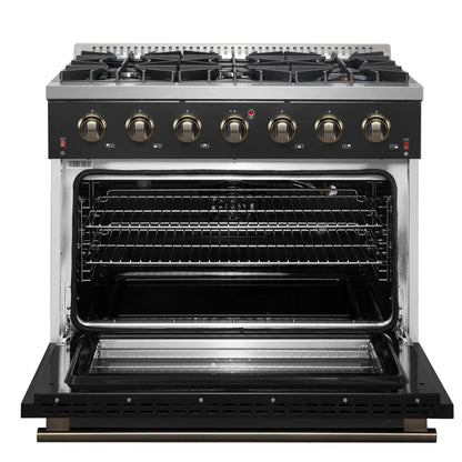 Forno Galiano 5-Piece Appliance Package - 36-Inch Gas Range, 36-Inch Hood, 36-Inch Refrigerator, 24-Inch Dishwasher, & 30-Inch Microwave Oven in Black with Antique Brass Trim - AP5-6244-36BLK-MWO30