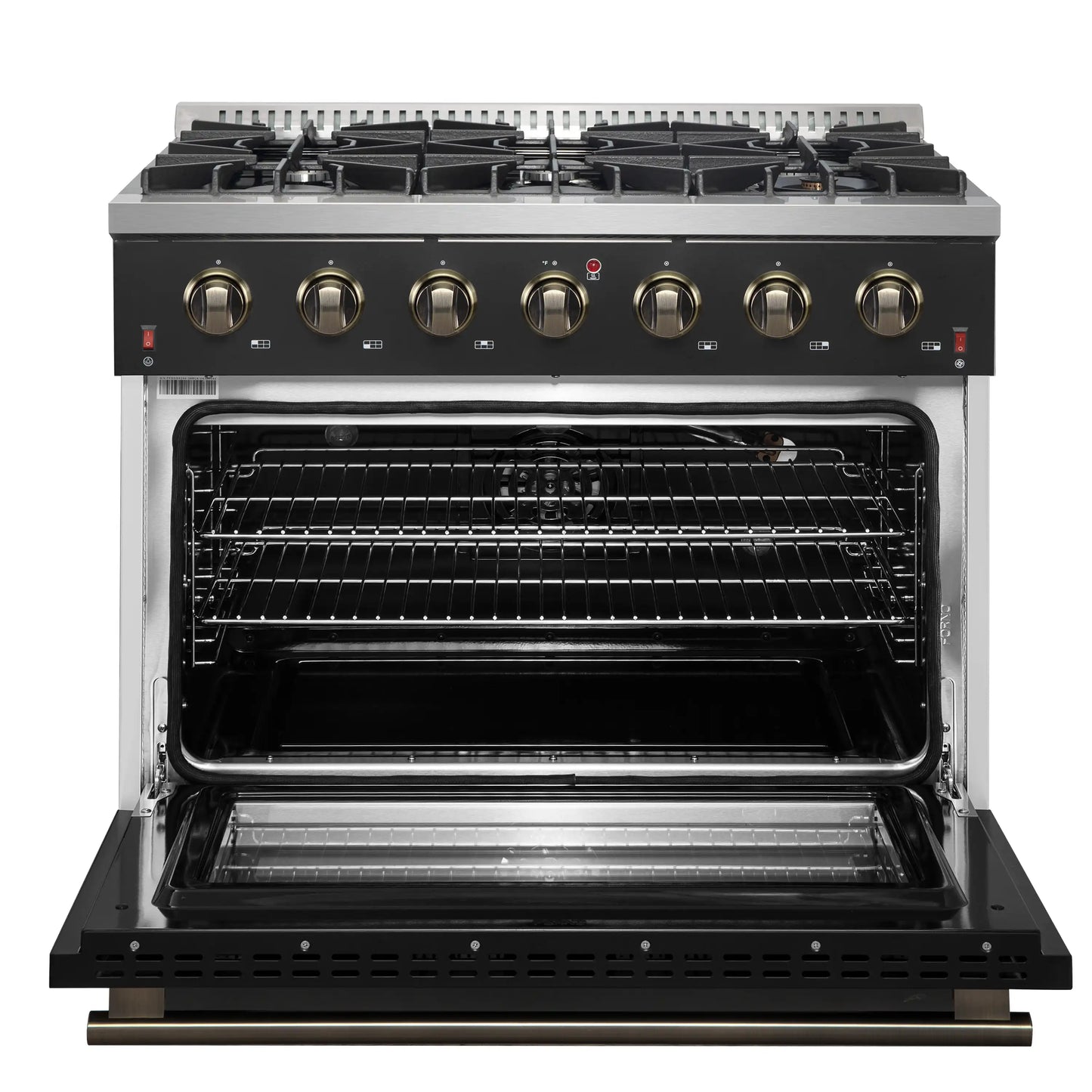 Forno 4-Piece Appliance Package - 36-Inch Gasl Fuel Range, Wall Mount Range Hood, 60-Inch Built-In Convertible Refrigerator, and Dishwasher in Black with Antique Brass Handle - AP4-6244-36BLK-5095-60MG