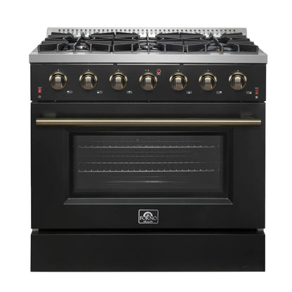 Forno 5-Piece Appliance Package - 36-Inch Gas Range, Wall Mount Range Hood, 60-Inch Convertible Refrigerator with Modern Trim, Dishwasher, and 30-Inch Microwave Oven in Black with Antique Brass Handle - AP5-6244-36BLK-MWO30-60MG