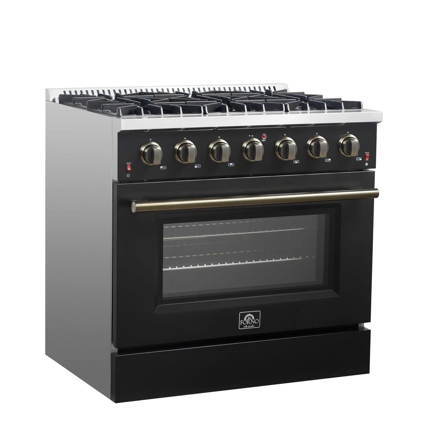 Forno 5-Piece Appliance Package - 36-Inch Gas Range, Wall Mount Range Hood, 60-Inch Convertible Refrigerator with Modern Trim, Dishwasher, and 30-Inch Microwave Oven in Black with Antique Brass Handle - AP5-6244-36BLK-MWO30-60MG