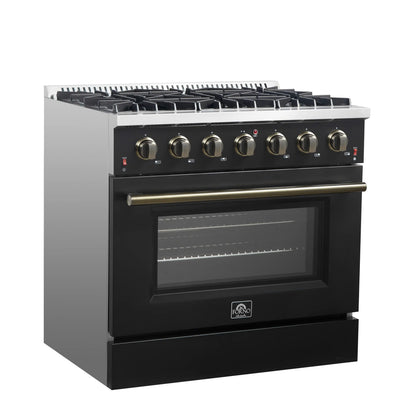 Forno Galiano 5-Piece Appliance Package - 36-Inch Gas Range, 36-Inch Hood, 36-Inch Refrigerator, 24-Inch Dishwasher, & 24-Inch Microwave Drawer in Black with Antique Brass Trim - AP5-6244-36BLK-MWD24