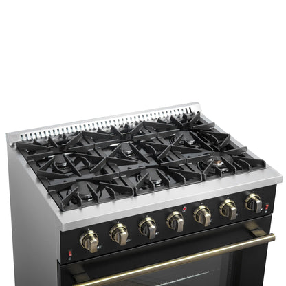Forno Galiano 5-Piece Appliance Package - 36-Inch Gas Range, 36-Inch Hood, 36-Inch Refrigerator, 24-Inch Dishwasher, & 30-Inch Microwave Drawer in Black with Antique Brass Trim - AP5-6244-36BLK-MWD30
