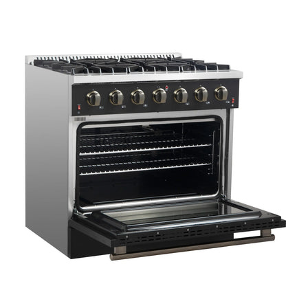 Forno Galiano 4-Piece Appliance Package - 36-Inch Gas Range, 36-Inch Hood, 36-Inch Refrigerator, & 24-Inch Dishwasher in Black with Antique Brass Trim - AP4-6244-36BLK