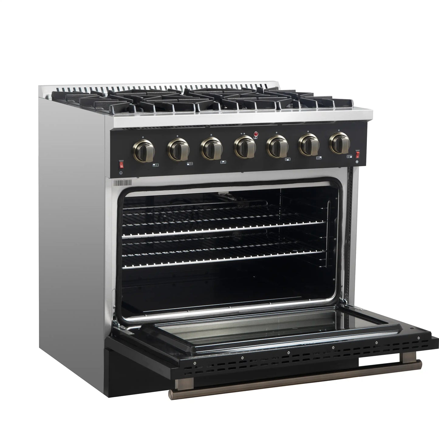 Forno Galiano 5-Piece Appliance Package - 36-Inch Gas Range, 36-Inch Hood, 36-Inch Refrigerator, 24-Inch Dishwasher, & 24-Inch Microwave Oven in Black with Antique Brass Trim - AP5-6244-36BLK-MWO24
