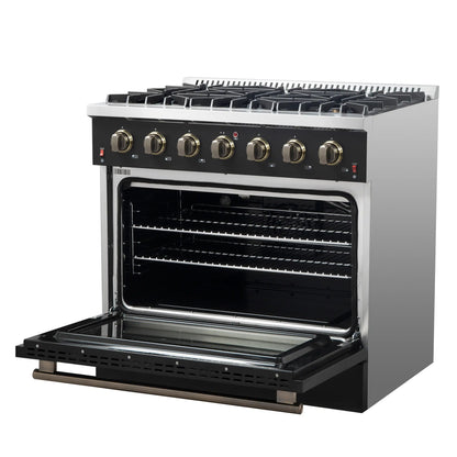 Forno 4-Piece Appliance Package - 36-Inch Gas Range, 60-Inch Convertible Refrigerator with Modern Trim, Dishwasher, and 24-Inch Microwave Oven in Black with Antique Brass Handle - AP4-6244-36BLK-MWO24-60MG